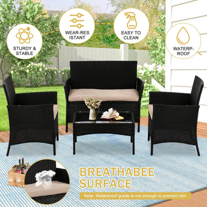 YRLLENSDAN Patio Furniture Set 4 Piece, Wicker Sofa Set Rattan Chair Outdoor Indoor Wicker Sofa with with Cushions & Coffee Table Bistro Sets for Patio Backyard Lawn Patio Chair (Black)