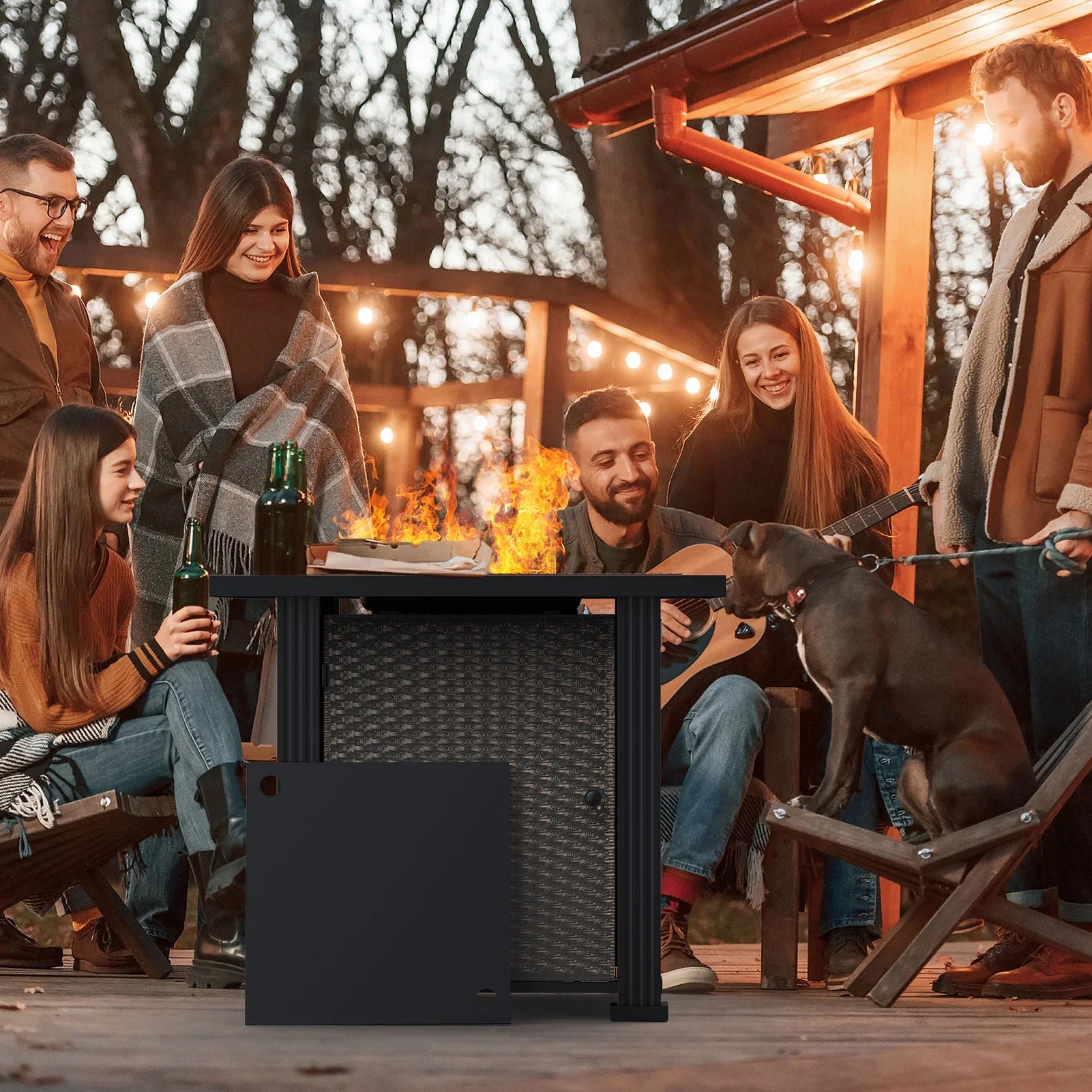 DOMQGA 28" Propane Fire Pit Table, 2-in-1 Square 50,000 BTU Propane Gas Fire Pit Table with Lid and Lava Rock,for Outside Patio Yard Party Garden and Lawn