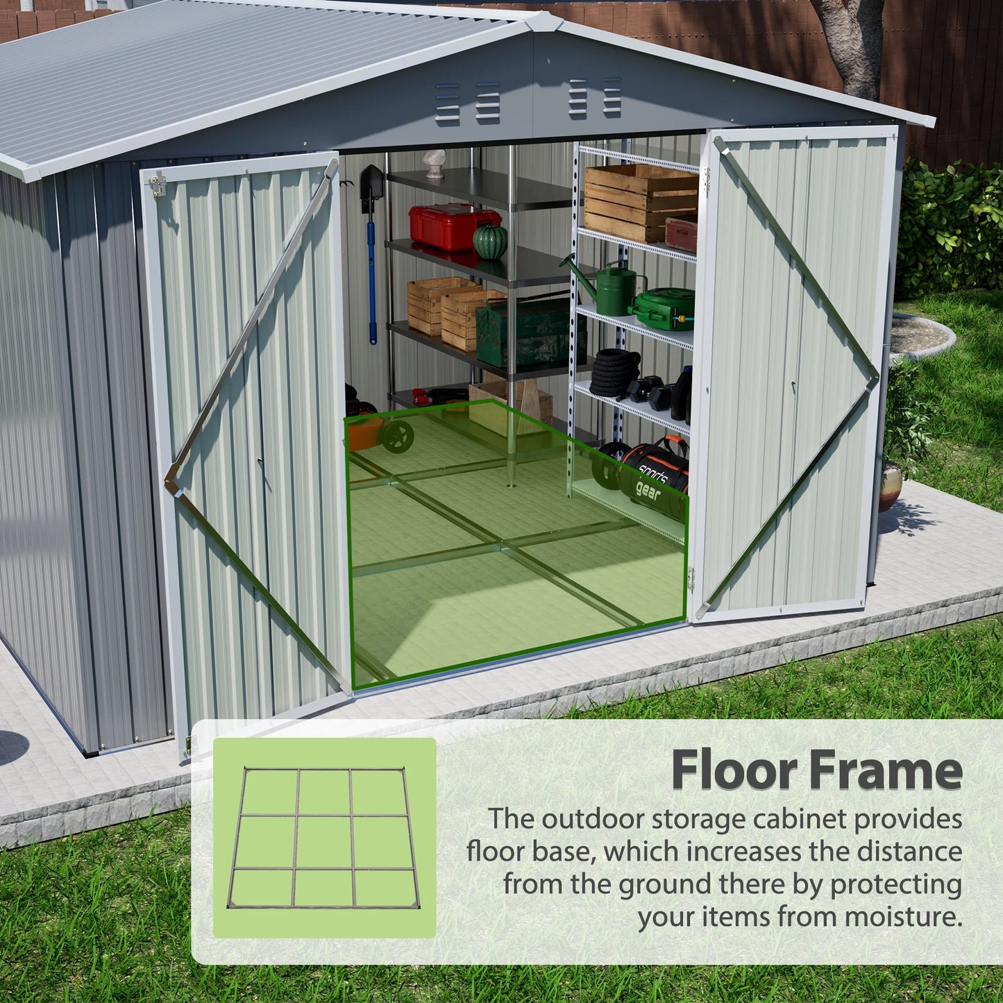 LZBEITEM 10 x 10 ft Outdoor Storage Shed with Floor Frame Kit, Galvanized Steel Garden Sheds, Garden Tool Shed with Double Lockable Doors for Backyard Patio Lawn, Grey