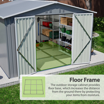 LZBEITEM 10 x 10 ft Outdoor Storage Shed with Floor Frame Kit, Galvanized Steel Garden Sheds, Garden Tool Shed with Double Lockable Doors for Backyard Patio Lawn, Grey