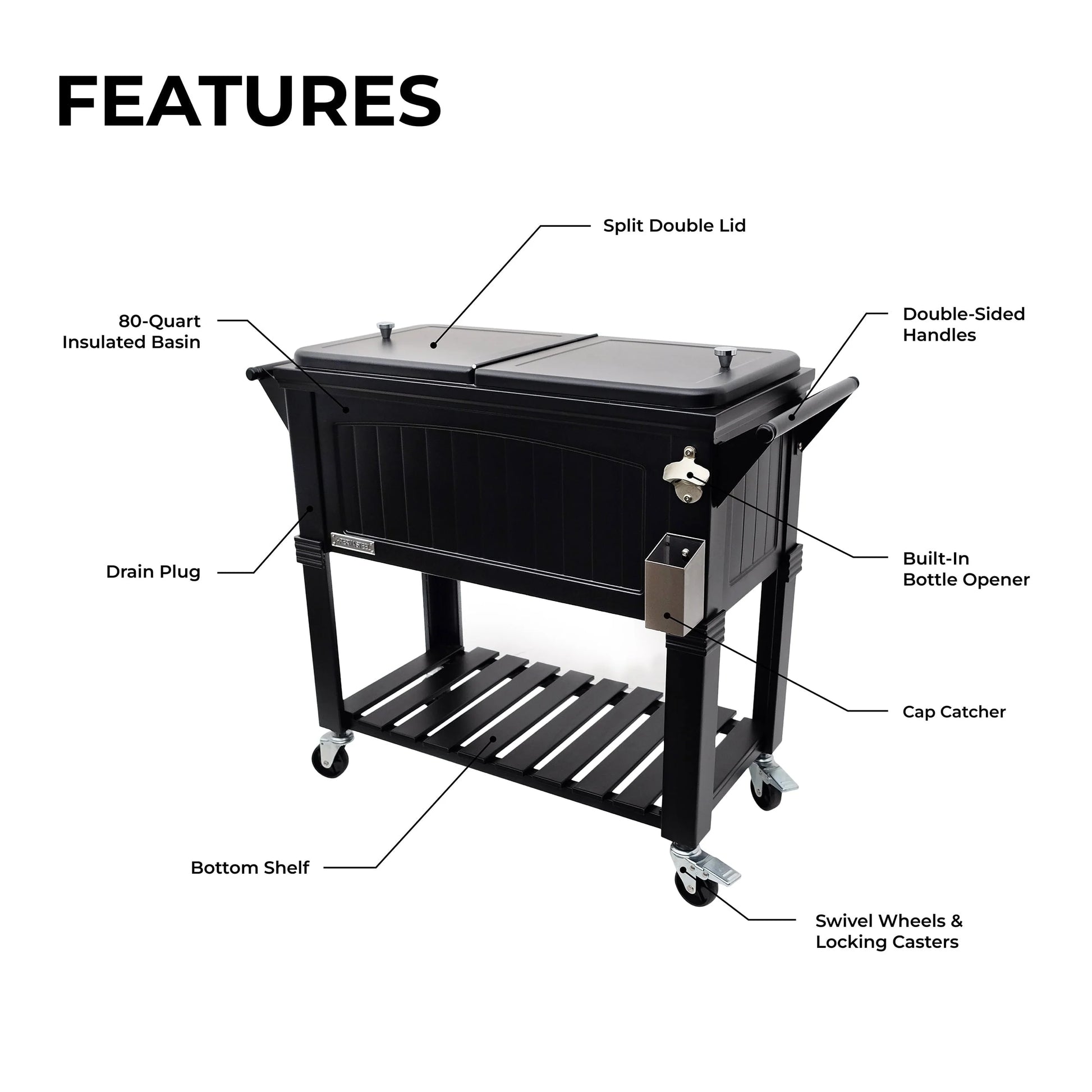 Permasteel 80-Qt Antique Outdoor Steel Patio Cooler on Wheels, Rolling Cooler Cart, Wooden Teak Style, Black