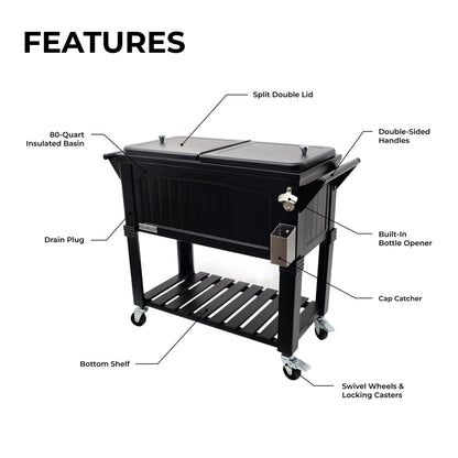 Permasteel 80-Qt Antique Outdoor Steel Patio Cooler on Wheels, Rolling Cooler Cart, Wooden Teak Style, Black