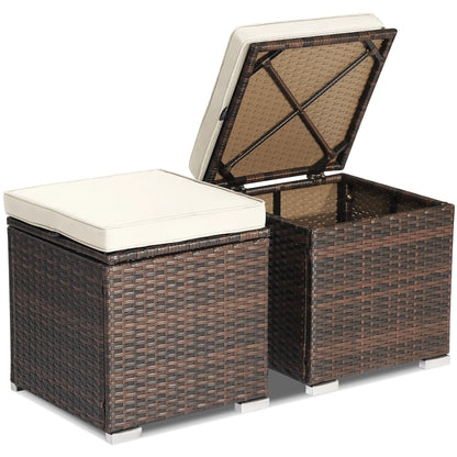 Costway 2PC Patio Rattan Ottoman Seat Side Table Storage Box Footrest Off White