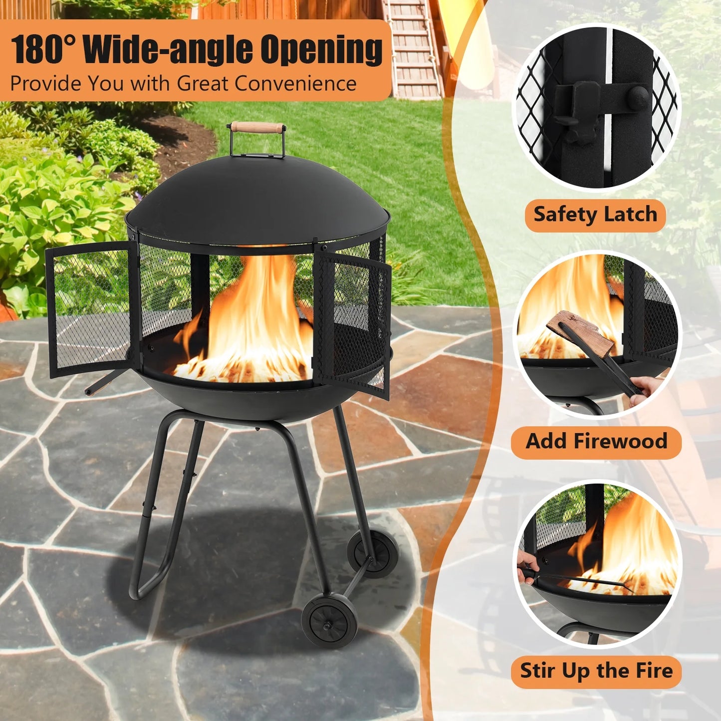 Topbuy Portable Fire Pit w/Wheels 28" Wood Burning Fire Pit w/Log Grate Poker Rolling Patio Fireplace Bonfire Firepit for Outdoor Entertaining