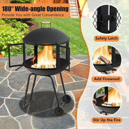 Topbuy Portable Fire Pit w/Wheels 28" Wood Burning Fire Pit w/Log Grate Poker Rolling Patio Fireplace Bonfire Firepit for Outdoor Entertaining