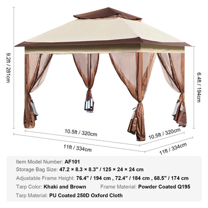 KFFKFF Patio Gazebo 11 x 11 FT Pop up Gazebo Tent for 8-10 Person, UPF 50+ protection, Wind and Rain Resistance, Effective Bug Control, PU Coated 250D Oxford Cloth, Outdoor Canopy Shelter