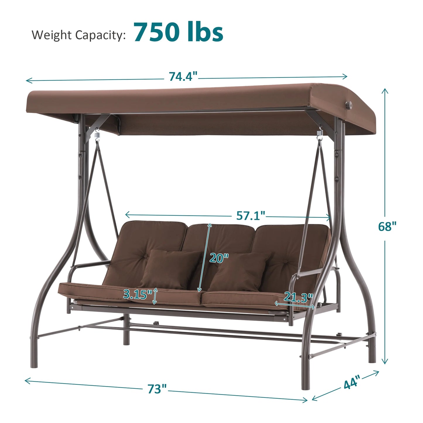MCombo 3-Seat Outdoor Patio Swing Chair Cushioned with Adjustable Backrest and Canopy, Pillow, Brown