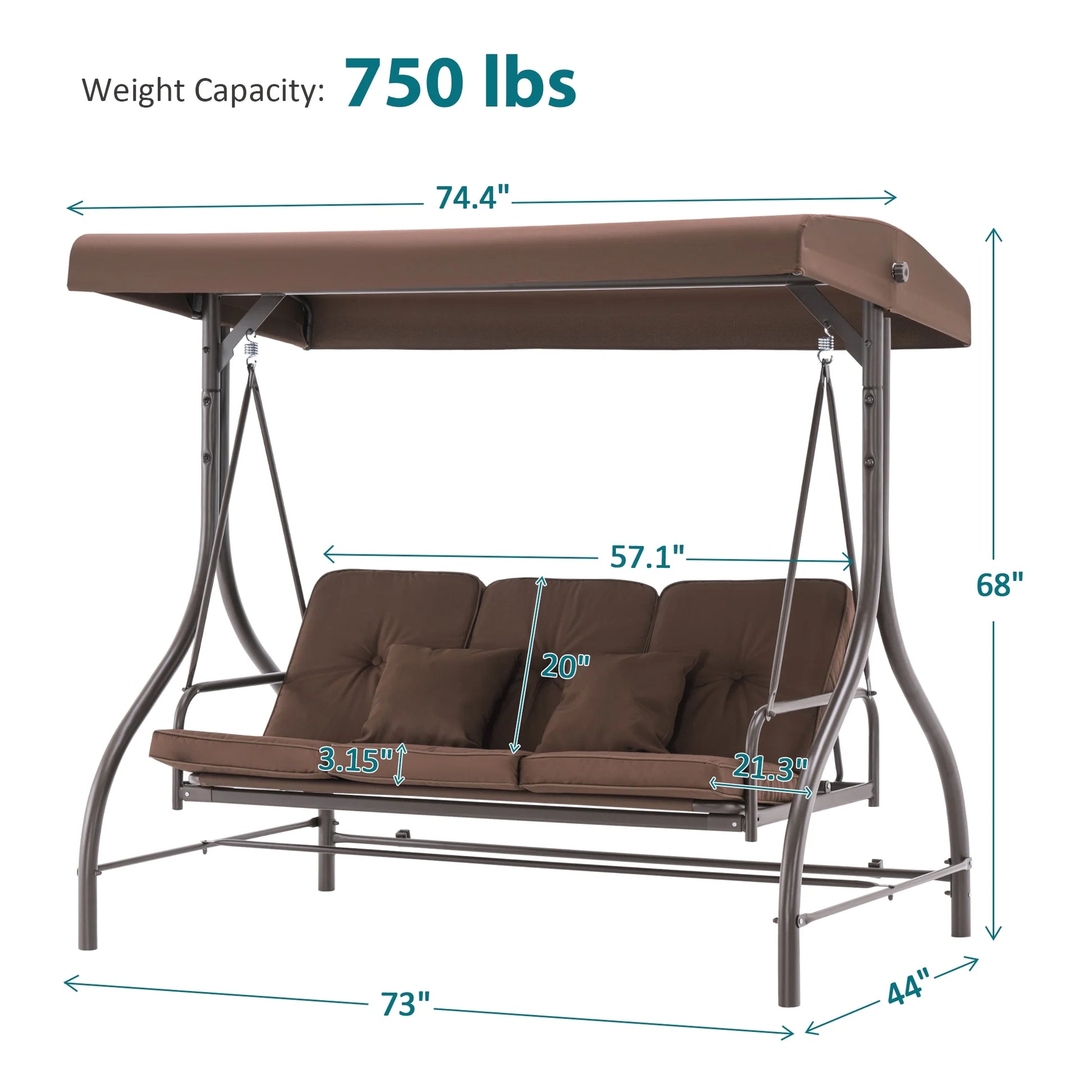 MCombo 3-Seat Outdoor Patio Swing Chair Cushioned with Adjustable Backrest and Canopy, Pillow, Brown