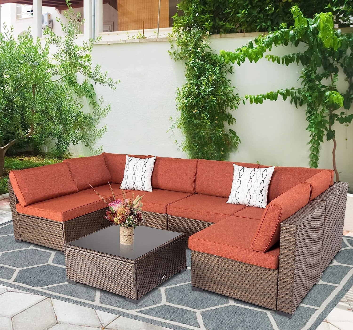 Kinbor 7pcs Outdoor Patio Furniture Set Wicker Sectional Sofa with Cushions, Gray
