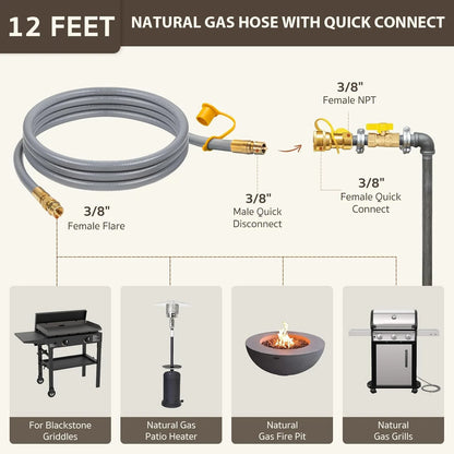 12 Feet 3/8" ID Natural Gas Hose, Low Pressure LPG Hose with Quick Connect, for , Char-broil, Pizza Oven, Patio Heater and More
