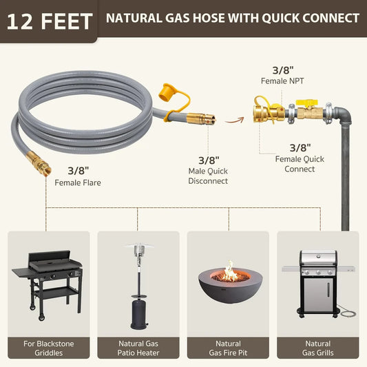12 Feet 3/8" ID Natural Gas Hose, Low Pressure LPG Hose with Quick Connect, for , Char-broil, Pizza Oven, Patio Heater and More