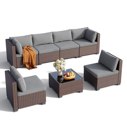 7 Piece Outdoor Patio Furniture Set, Asofer Rattan Wicker Outdoor Conversation Sectional Sofa Set, Gray