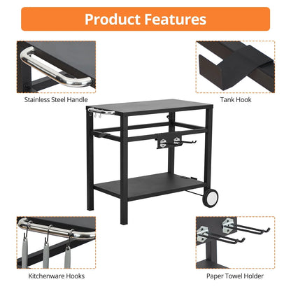 Outdoor Grill Cart Pizza Oven Stand, Double-Shelf Outdoor Movable Dining Cart Table Outdoor with Wheels & Hooks, Side Handle, Stainless Steel Kitchen Work Table Cart for Bar, Patio, Camping(Black)