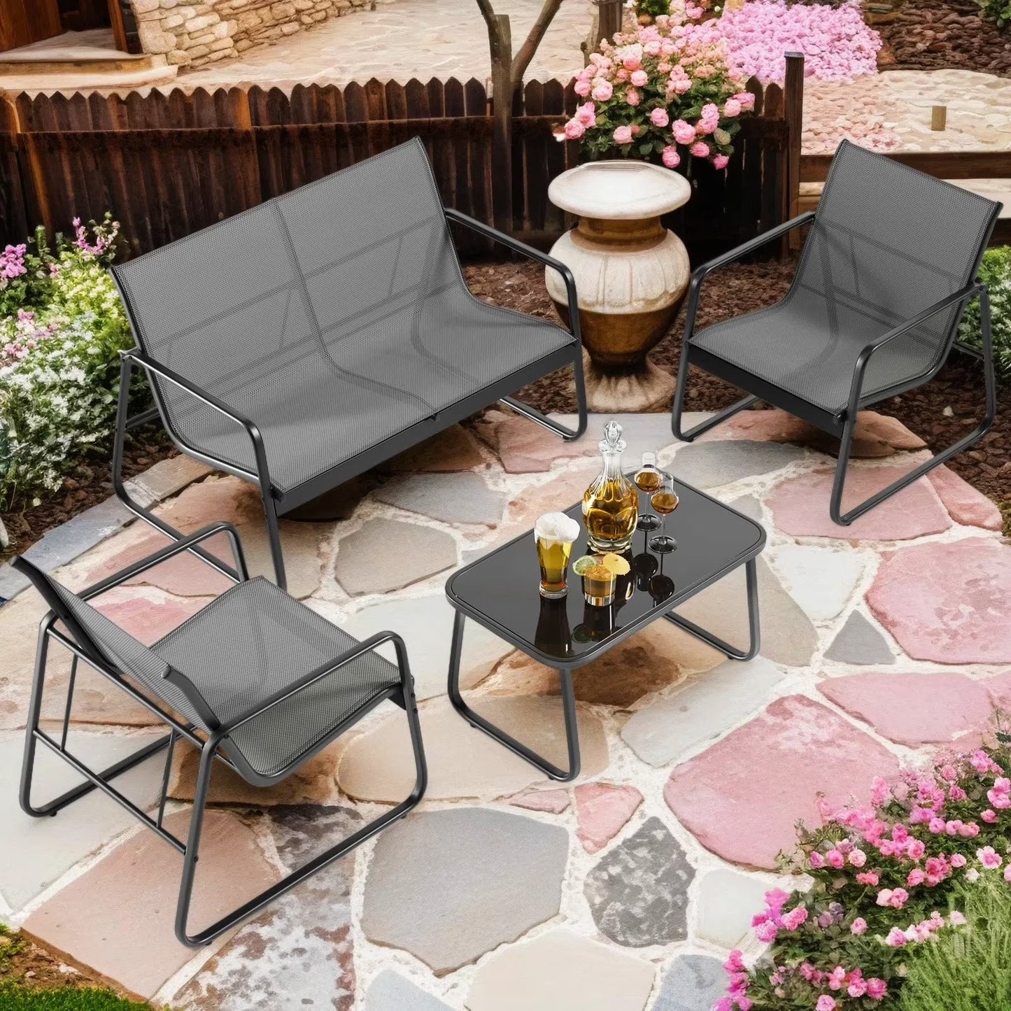 Jolifa 4 Pieces Outdoor Patio Furniture Set with 3 Chairs and 1 Metal Coffee Table for Backyard | Poolside | Porch, Gray