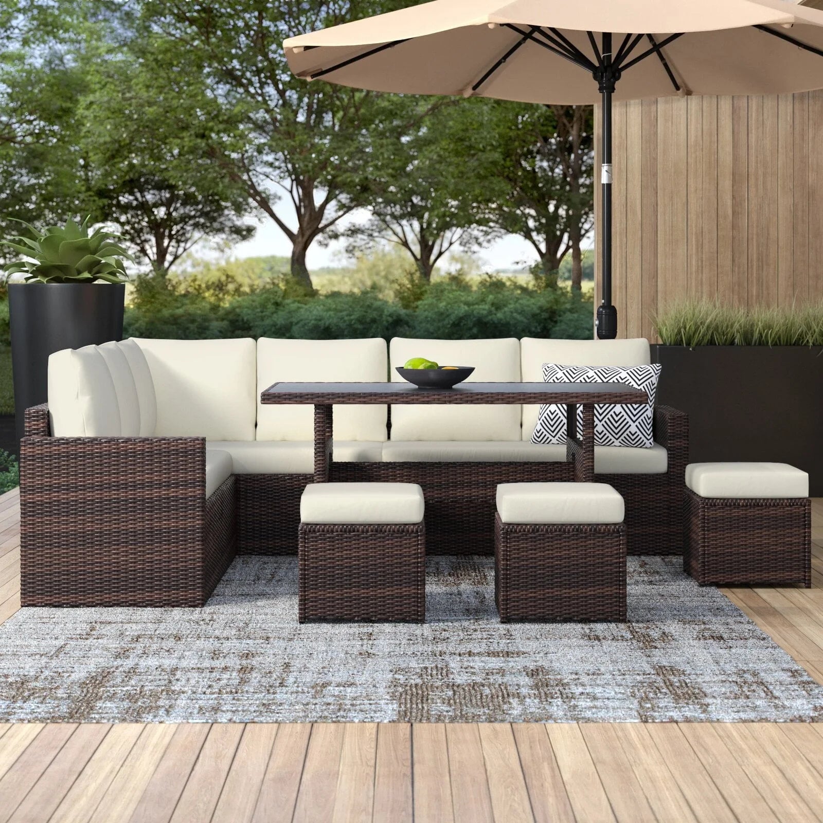 Superjoe 7 Pcs Outdoor Wicker Dining Set Patio Sectional Conversation Set with Table,Steel Frame,Ivory
