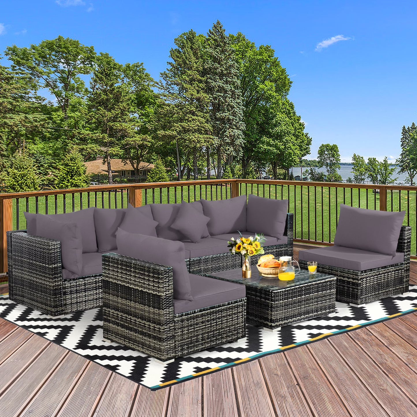 Gymax 7PCS PE Rattan Patio Sectional Sofa Conversation Set w/Grey Cushions