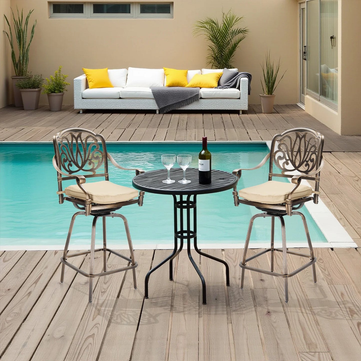 Ktaxon 2Pcs Outdoor Swivel Bar Stools, Weather Resistant Patio Bar Height Chairs, Cast Aluminum Bar Dining Seatings for Pool Deck Balcony (Elizabethan Back)