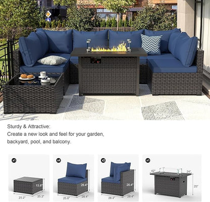 8 Piece Patio Furniture Set with 42" Propane Gas Fire Pit Table with Coffee Table,Blue
