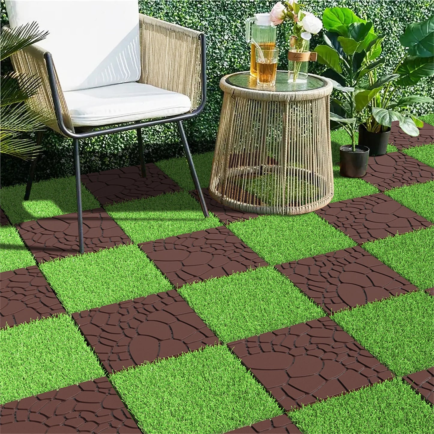 Miniyam 44 Pcs 12"x12" Interlocking Deck Tiles, Rubber Flooring, Patio Decking, Poolside, Dark Gray+Stone Texture