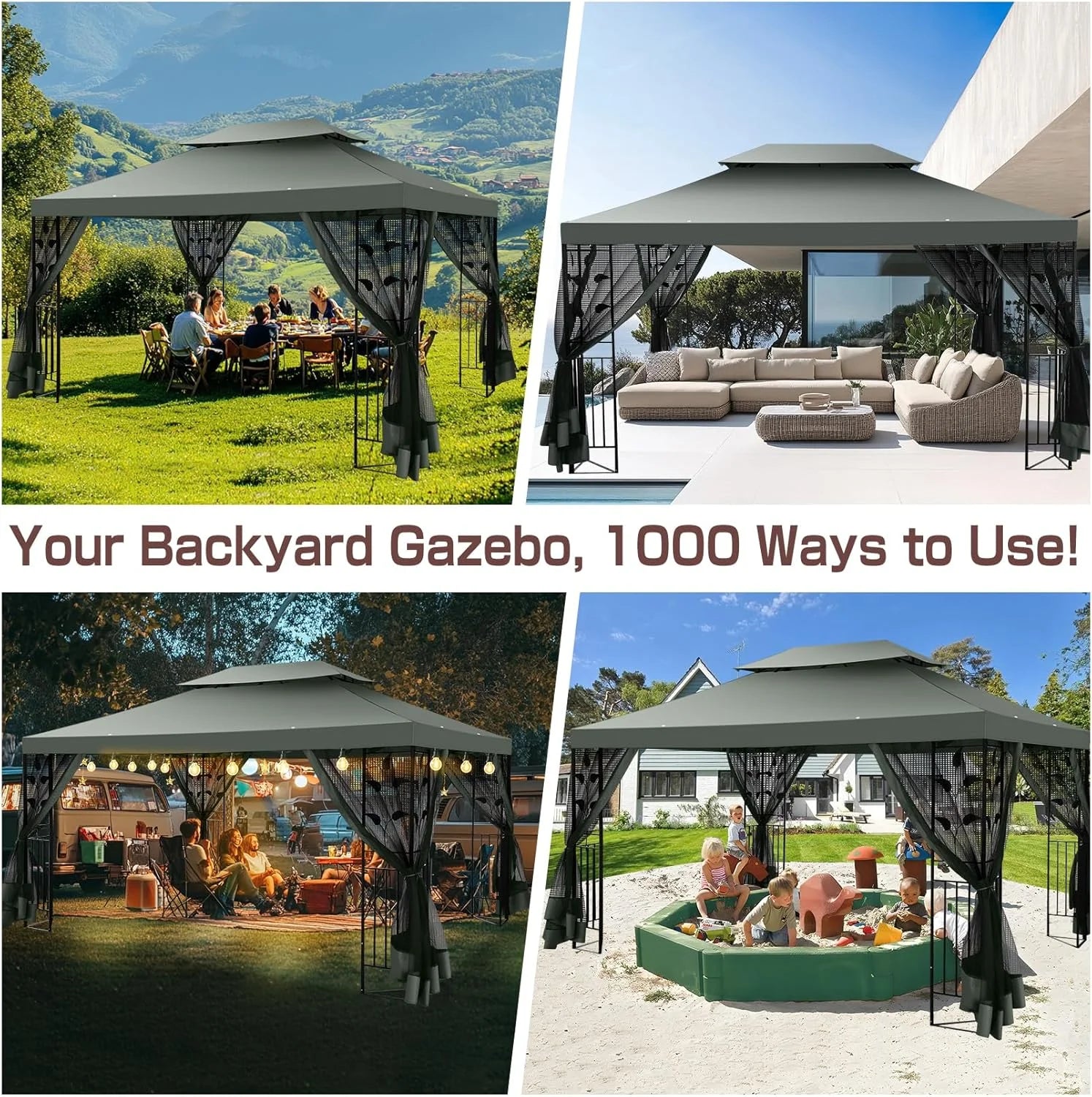 COBIZI 10' x 13' Pop Up Gazebo, Screened Patio Gazebo, Outdoor Steel Double Roof Canopy Tent, Metal Frame Canopy with Mosquito Netting, Sunshade for Garden, Lawns, Gray
