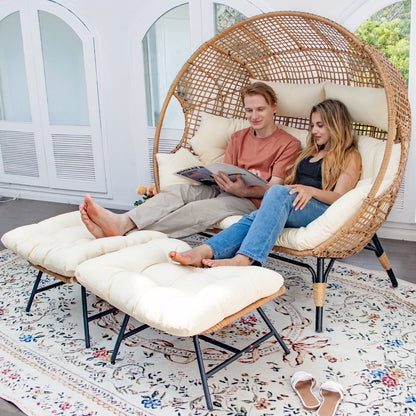 RADIATA 440 lbs Outdoor Egg Chair with Foot Rest & Ottoman, Wicker Patio Egg Chair for Indoor or Garden,Beige