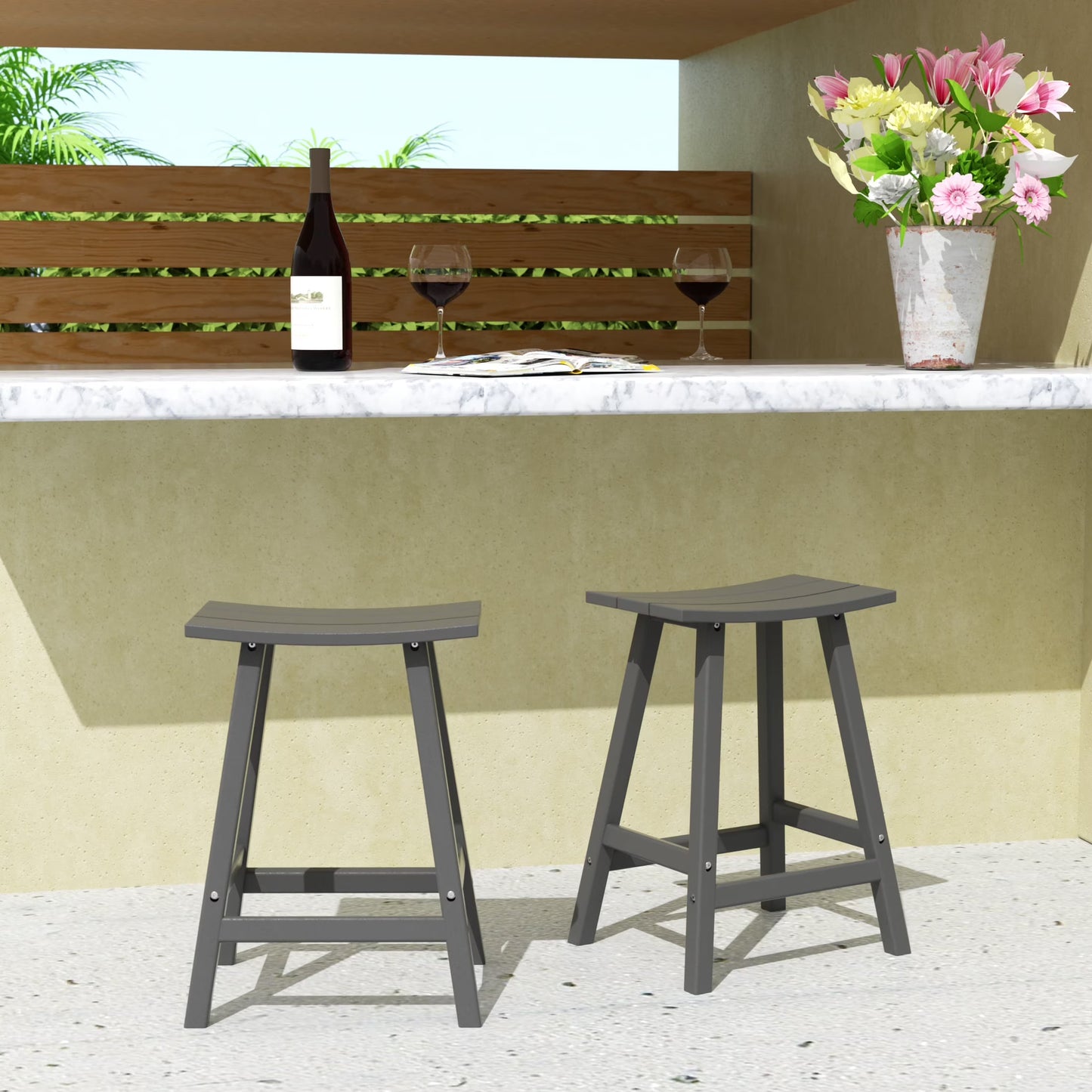 WestinTrends Malibu HDPE Outdoor Patio 24" Bar Stool Saddle Seat (Set of 2), Dark Brown