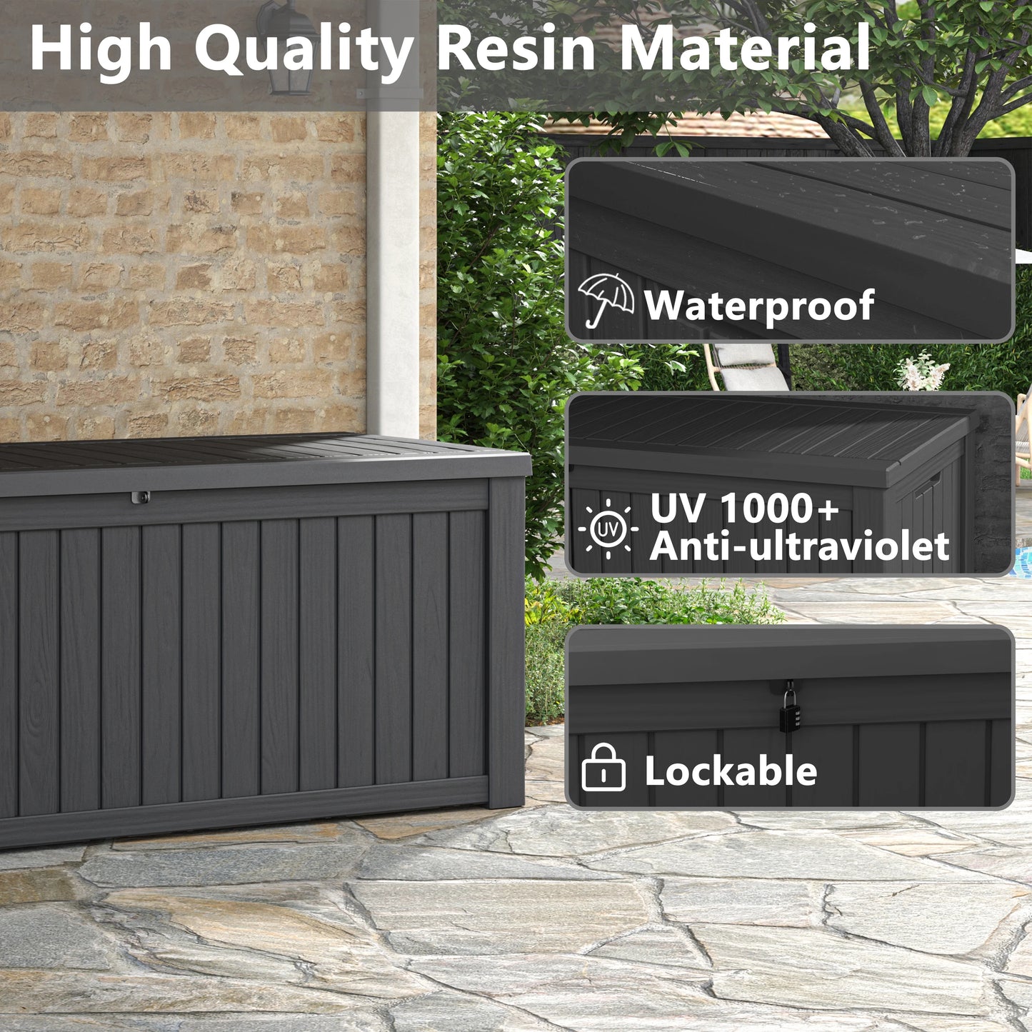 LHBcraft 150 Gallon Deck Box, Outdoor Storage Box, Large Waterproof Resin Indoor Storage Box with Built-in Steel Beams for Patio, Cushions, Pool Supplies