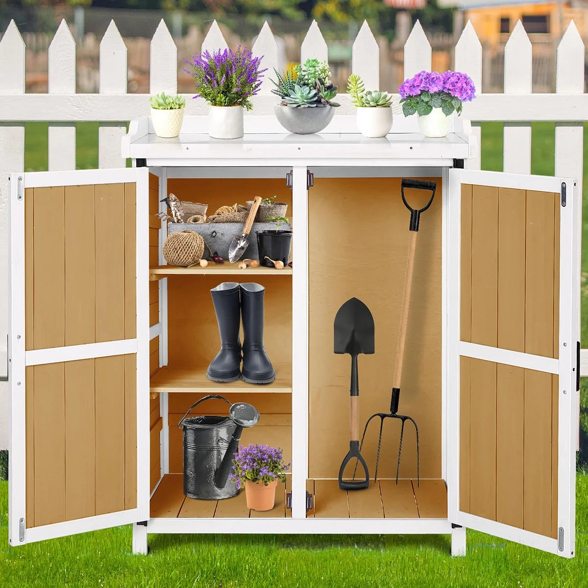 Danolapsi Potting Bench Outdoor Cabinet,Planting Work Benches with Adjustable Shelf Storage Cabinets with Metal Tabletop Double Doors Garden Work Bench for Backyard Patio Lawn