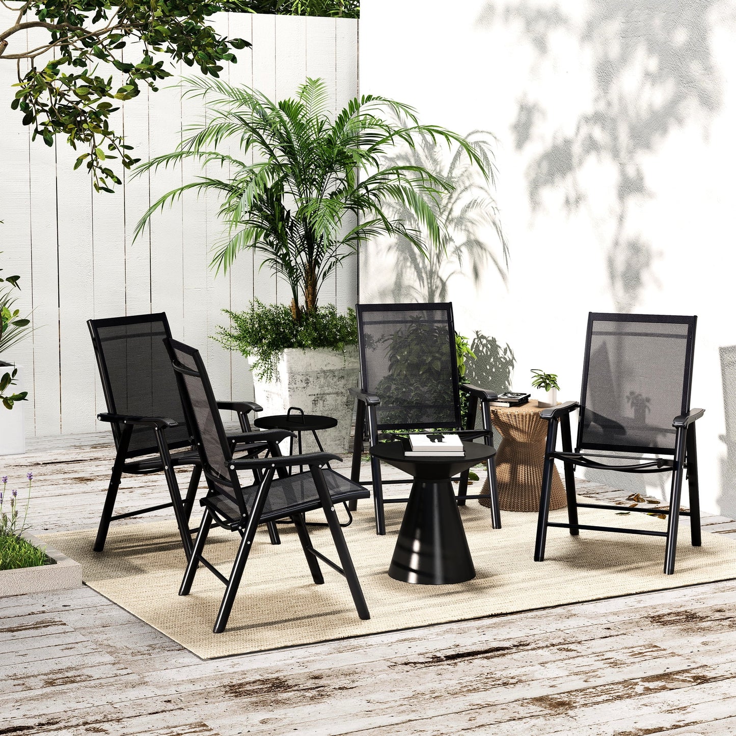 4 Patio Folding , Stackable Outdoor Sling Chairs With For Lawn, Camping, Dining, Beach. Metal Frame, No Assembly, Black. 22.87" L X 25.15" W 37" H, 242 Lbs Load-supporting Ability Frame Structure,