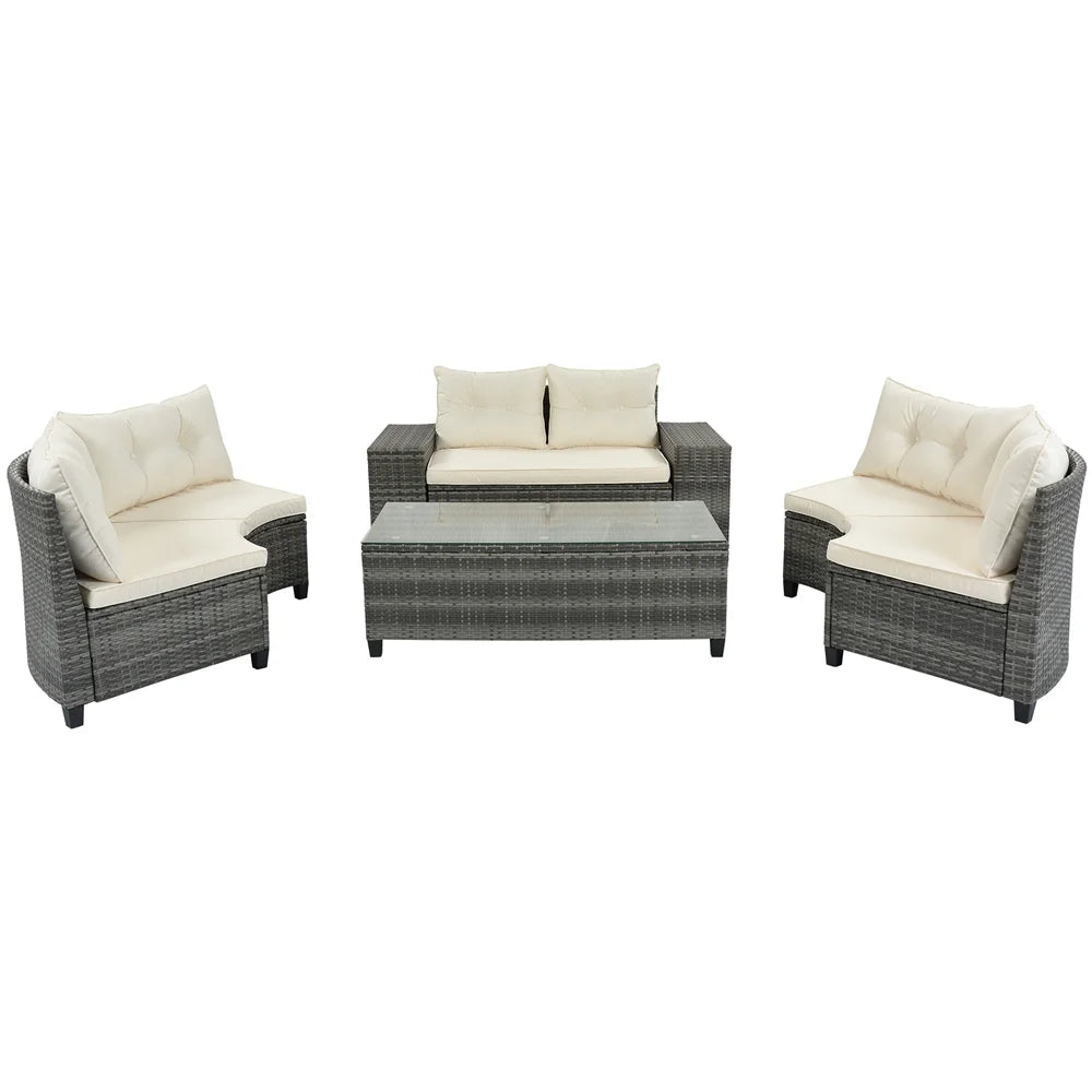 8 Pieces Outdoor Wicker Round Furniture Set, All Weather Half-Moon Sectional Patio Sofa Sets with Rectangular Coffee Table, Beige