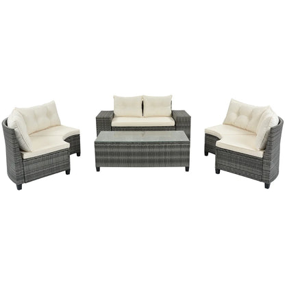 8 Pieces Outdoor Wicker Round Furniture Set, All Weather Half-Moon Sectional Patio Sofa Sets with Rectangular Coffee Table, Beige