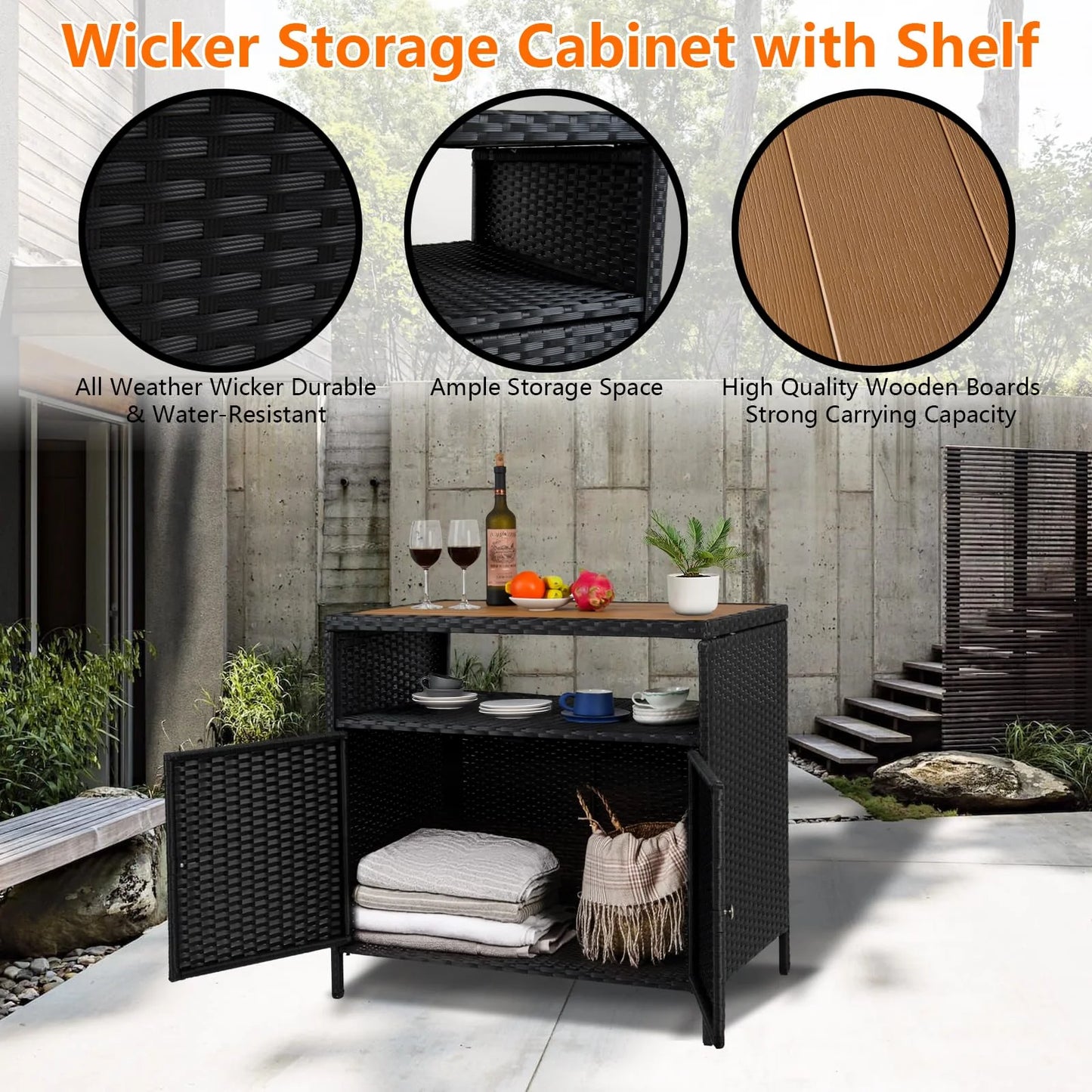 M optimized Patio Outdoor Wicker Storage Cabinet with Shelf, Patio Bar Table with 2-Door and Shelf, All Weather Resin Wicker, Patio Pool Garden Kitchen
