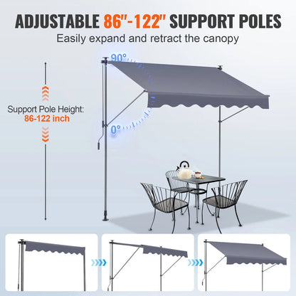VEVOR Manual Retractable Awning, 78" Outdoor Retractable Patio Awning Sunshade Shelter, Adjustable Patio Door Window Awning Canopy with 39" Sun Shade Curtain for Backyard, Garden, Balcony