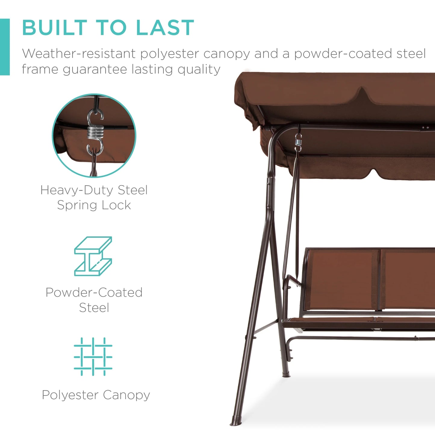 Best Choice Products 2-Seater Outdoor Adjustable Canopy Swing Glider Patio Bench w/Textilene, Steel Frame - Brown