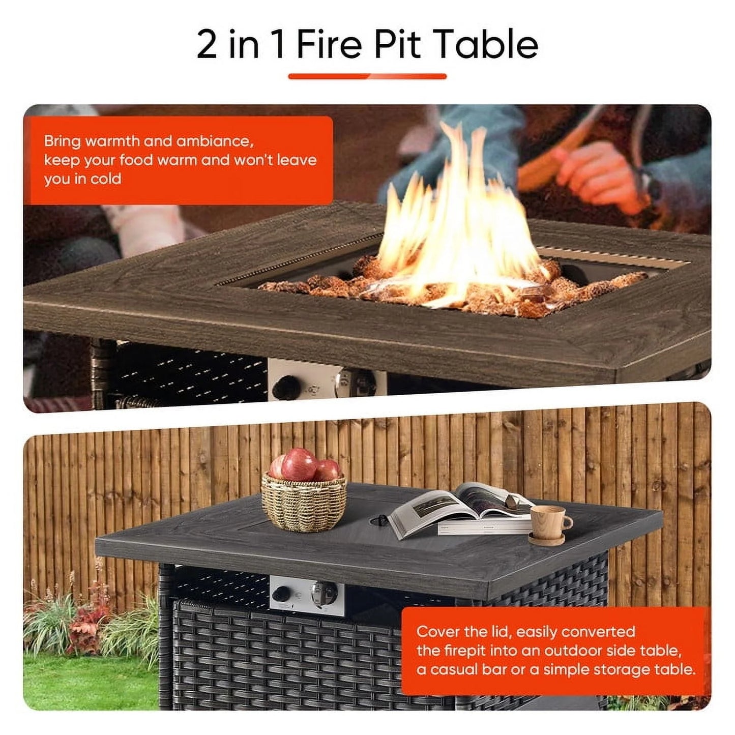PARKWELL Outdoor Fire Pit 30" Square 50000 BTU Patio Propane Gas Fire Pit Table with Lava Rocks and Lid,Brown Wicker Firepit Faux Wood Tabletop