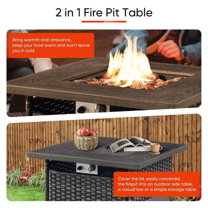 PARKWELL Outdoor Fire Pit 30" Square 50000 BTU Patio Propane Gas Fire Pit Table with Lava Rocks and Lid,Brown Wicker Firepit Faux Wood Tabletop