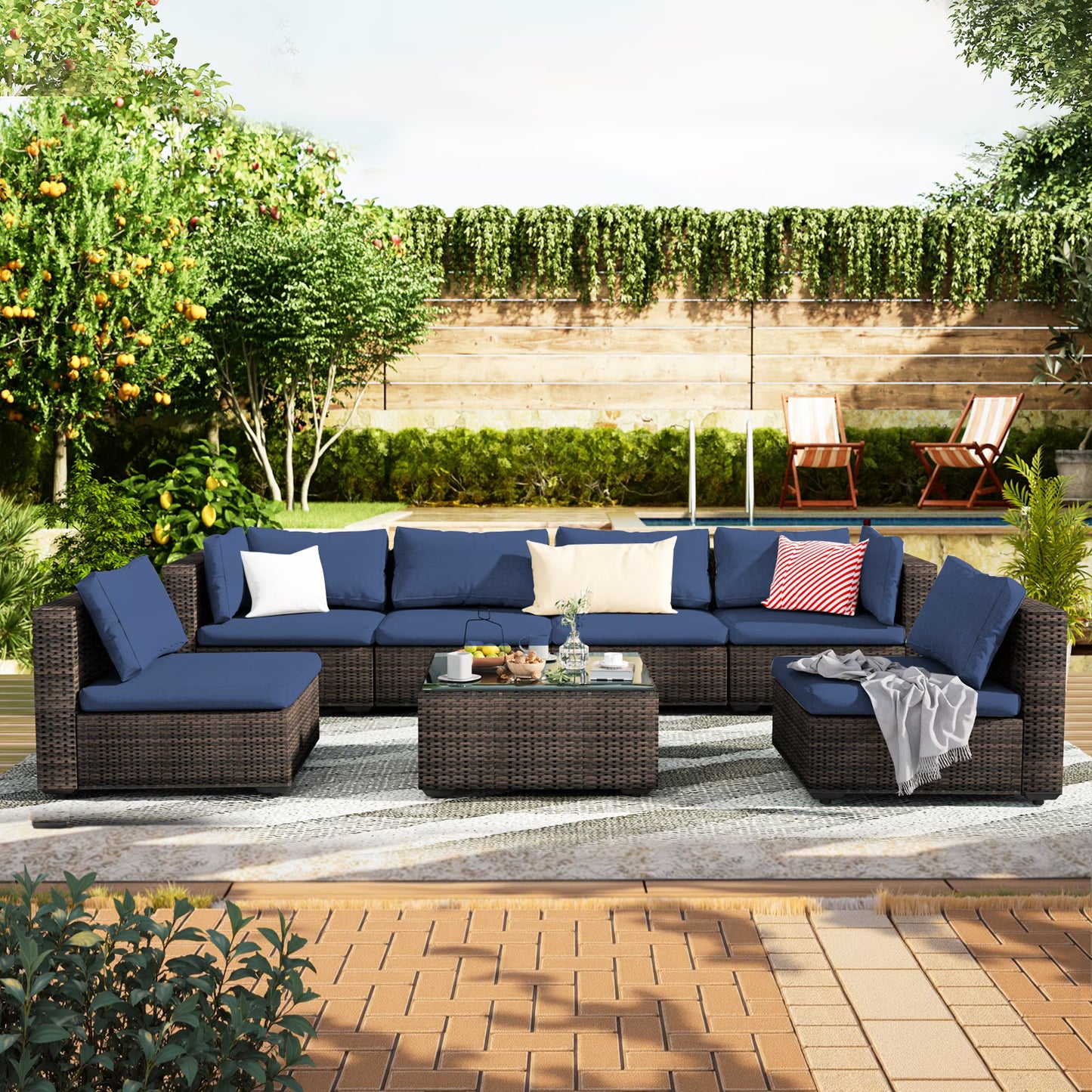 Grezone 7 Patio Outdoor Furniture Wicker Sectional Sofa Couch Lawn Sectional, Black