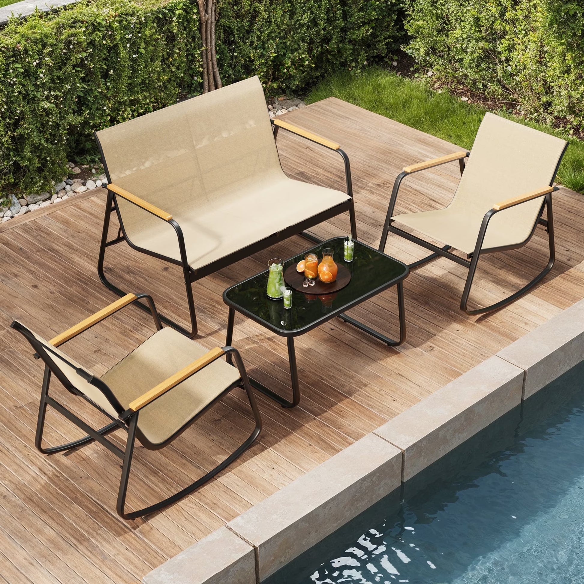 Asofer 4-Piece Patio Furniture Set, Textilene Outdoor Bistro Set with 2 Rocking Chair for Lawn, Garden, Poolside (Black)