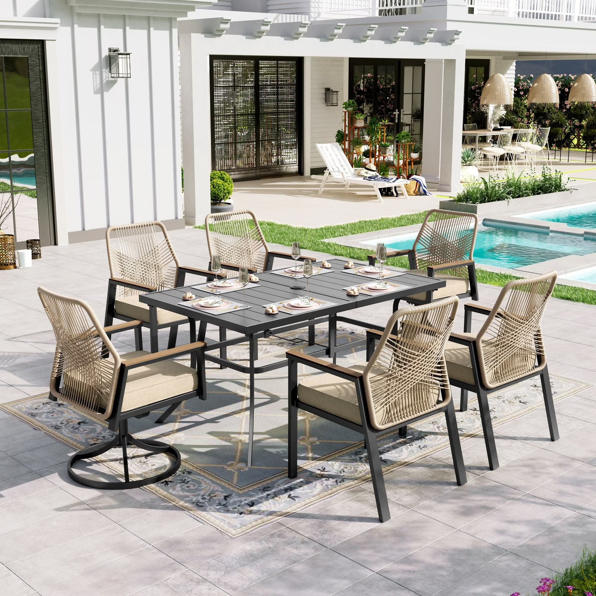Sophia & William 7-Piece Outdoor Patio Dining Set Metal Rattan Chairs and Steel Table
