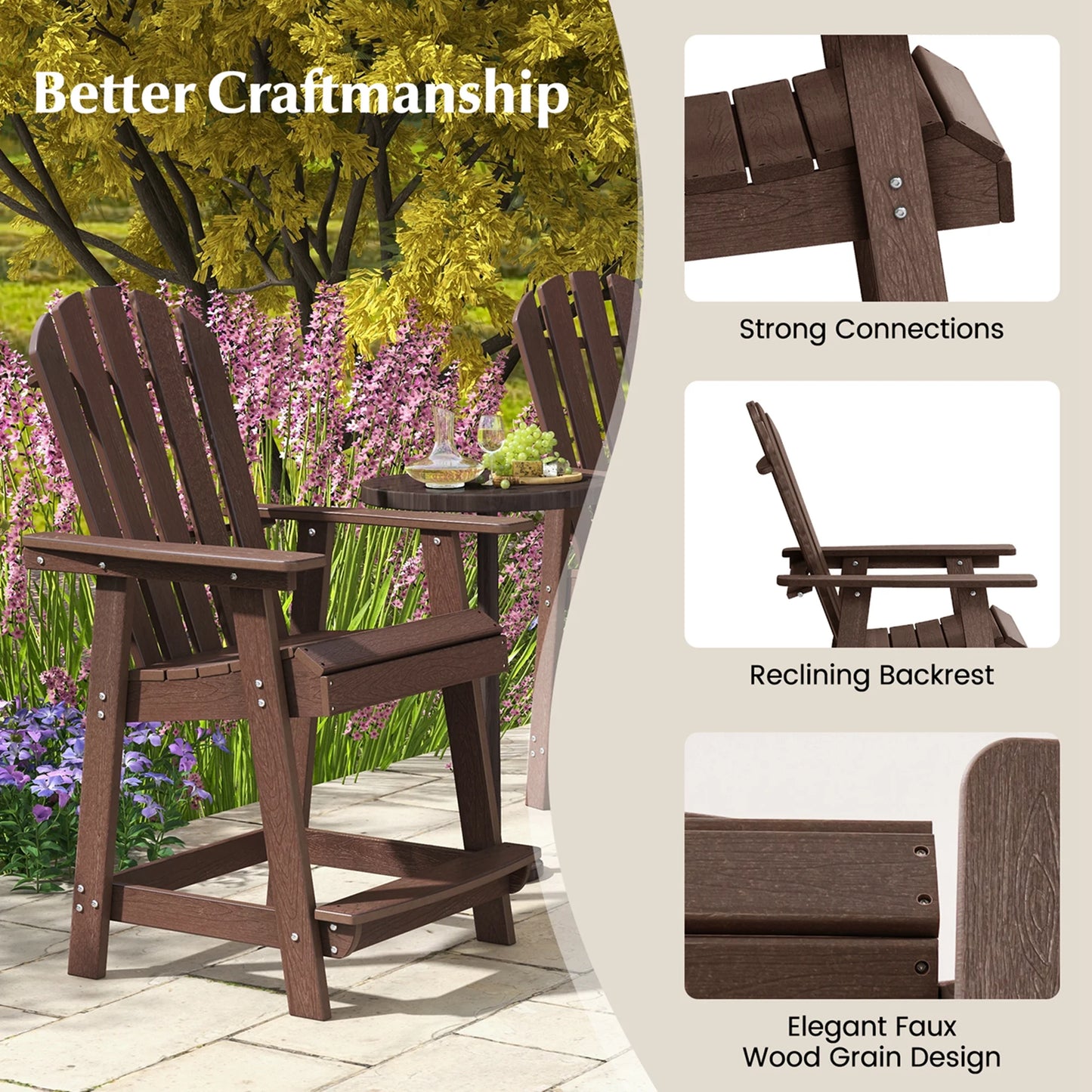 Costway 2 PCS Tall Bar Stool HDPE Patio Chair with Armrest Footrest Home Indoor Outdoor Brown