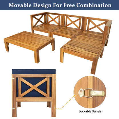 Harper & Bright Designs Outdoor Wooden Seating Group with Table, Patio Conversation Sectional Sofa Set with Waterproof Cushions for Backyard Poolside, Natural