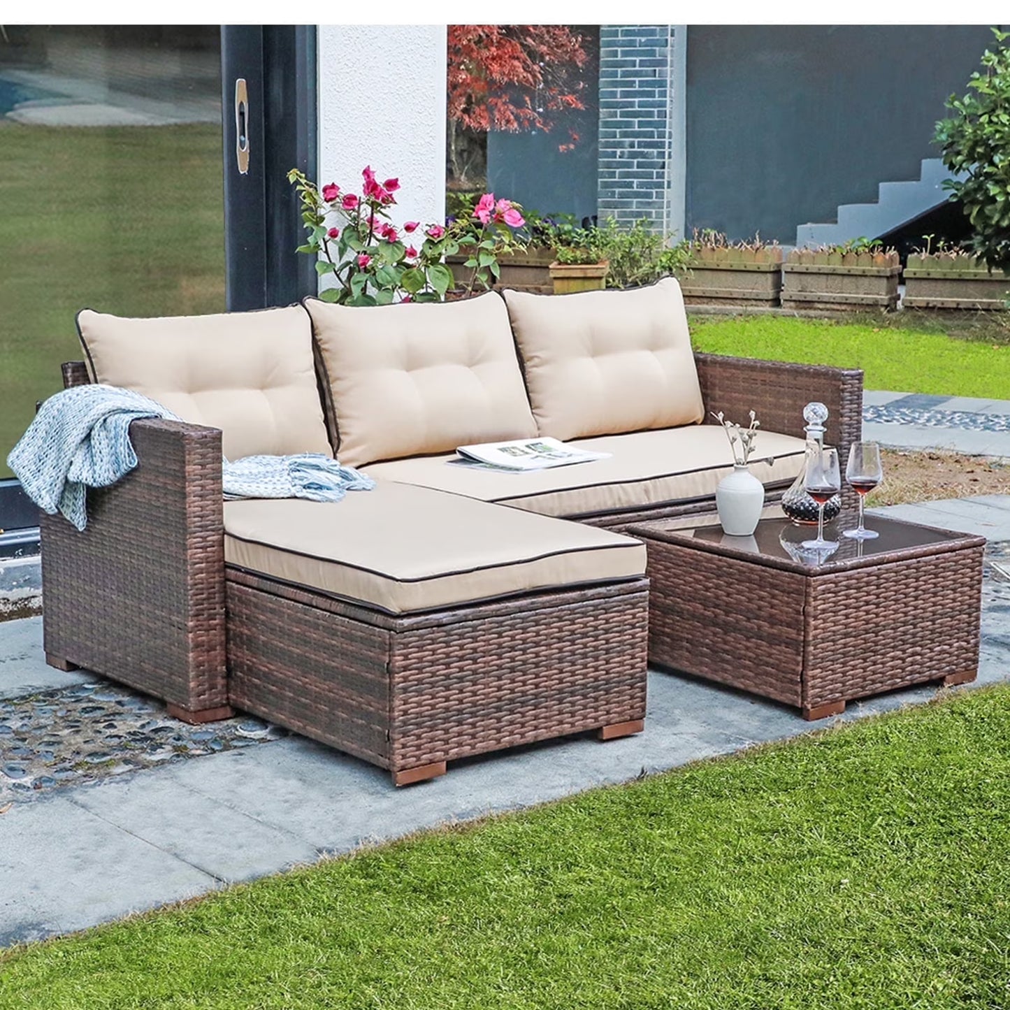 JOIVI 3 Pieces Patio Conversation Set, PE Wicker Rattan Outdoor Furniture Set, 2 Ways Small Sectional Sofa, Tempered Glass Coffee Table, Silver-Gray