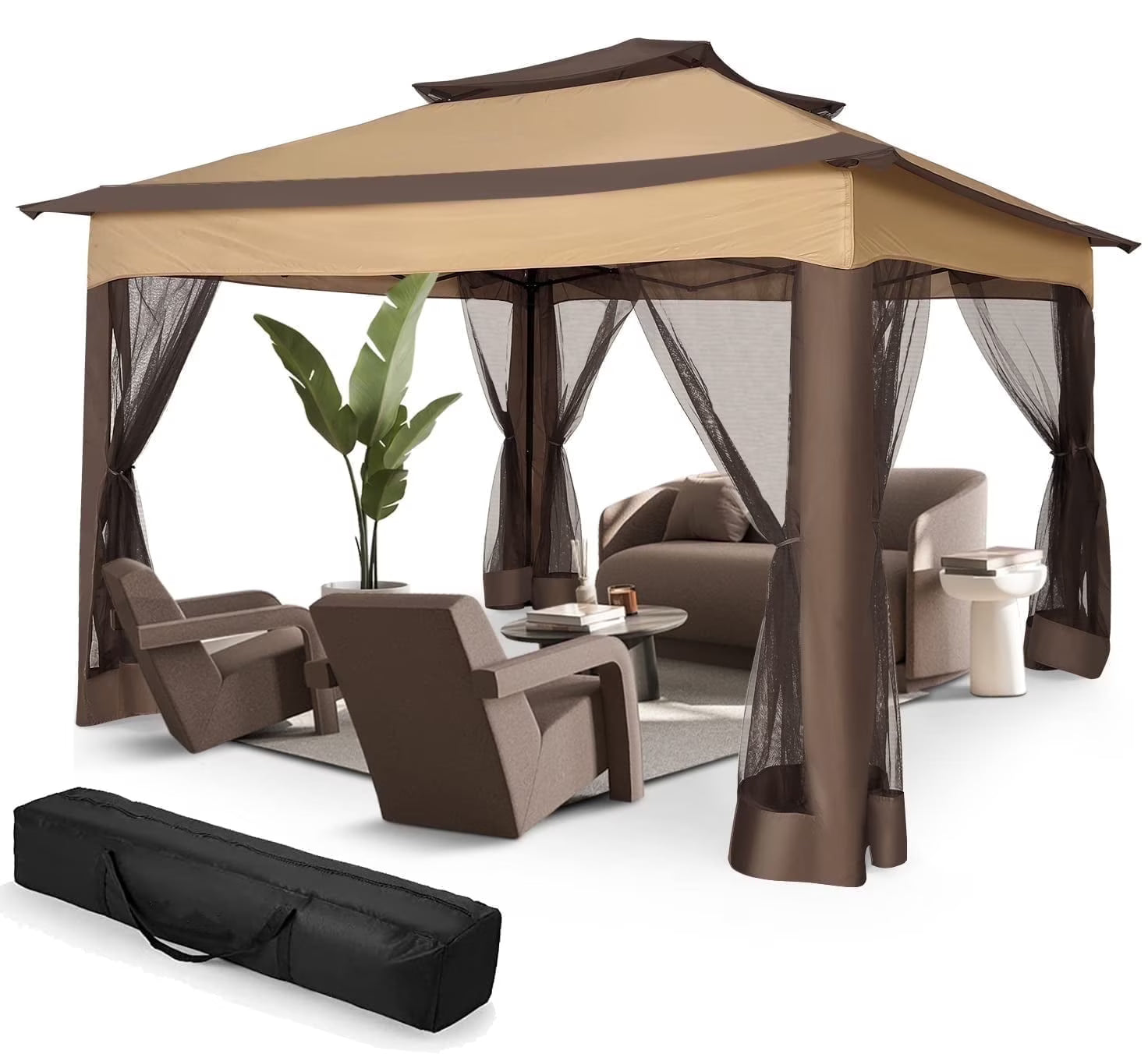 COBIZI 11x11 Pop up Gazebo Outdoor Canopy Gazebo Patio Gazebo with Mosquito Netting Canopy Shelter with 121 Square feet of Shade for Poolside, Garden, Party and Backyard, Khaki