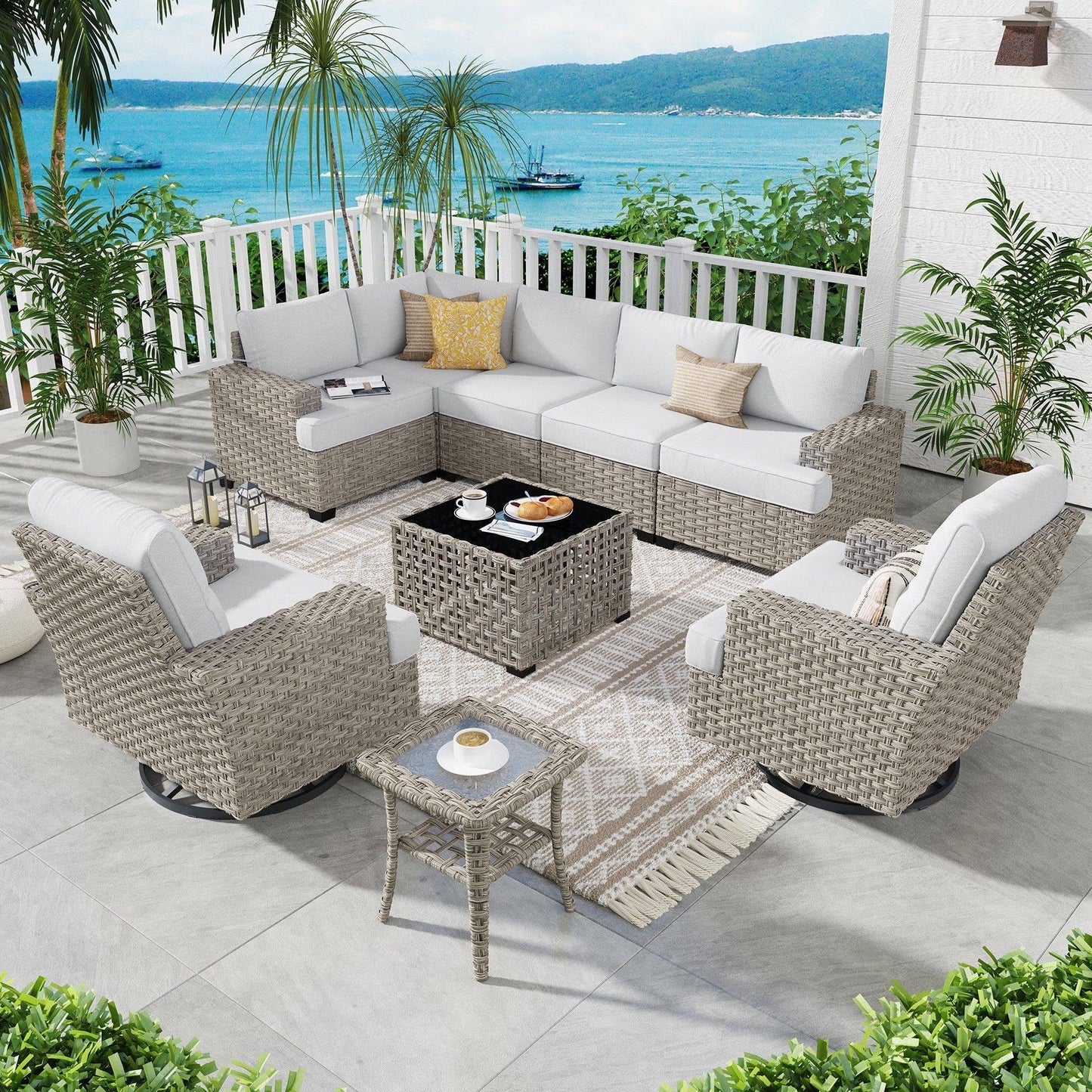 Ovios 9 Pieces Outdoor Patio Furniture with Swivel Chairs High-Back All-Weather Rattan Wicker Conversation Set Outdoor Sectional with Solar Light Coffee Table