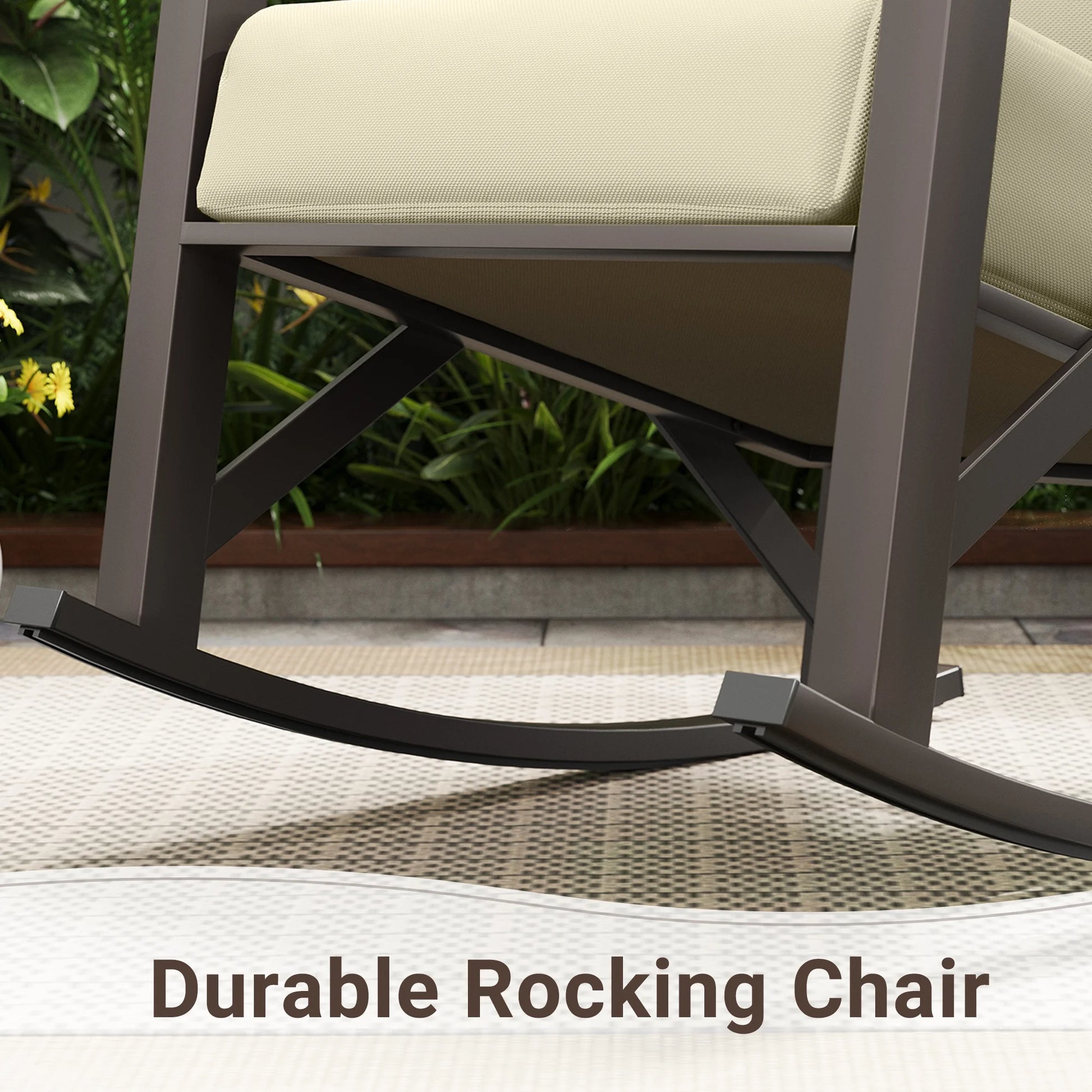 MRUAKA Rocking Chair Bistro Set,3 Piece Outdoor Patio Furniture Set with 2 Rockers and 1 Metal Coffee Table with Thick Cushions for Porch,Backyard,Poolside,Beige