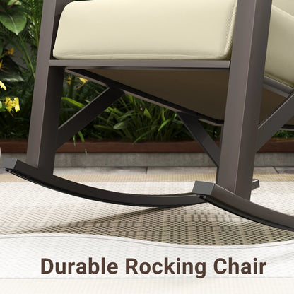 MRUAKA Rocking Chair Bistro Set,3 Piece Outdoor Patio Furniture Set with 2 Rockers and 1 Metal Coffee Table with Thick Cushions for Porch,Backyard,Poolside,Beige