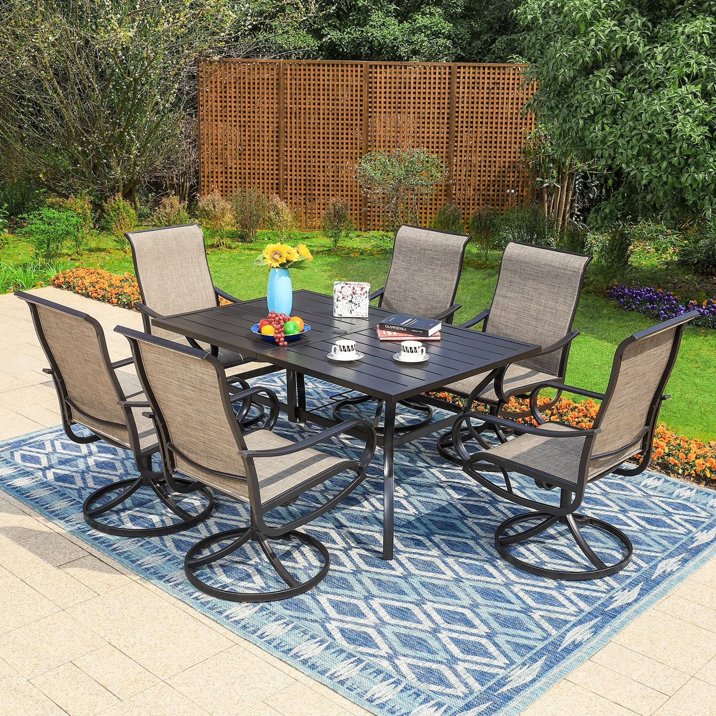 Sophia & William 7 Piece Outdoor Patio Dining Set Highback Textilene Chairs and Metal Table Furniture Set for 6, Blue