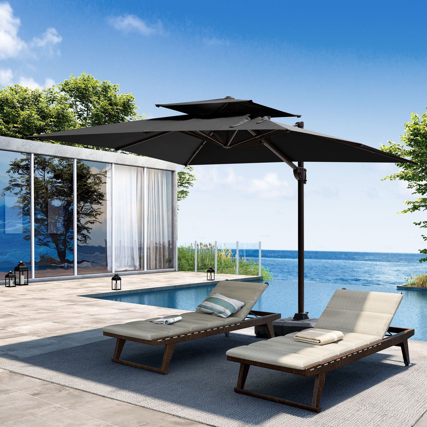 Pellebant Outdoor 9x11FT Patio Umbrella Cantilever Offset with No Base, Dual Top Navy Blue