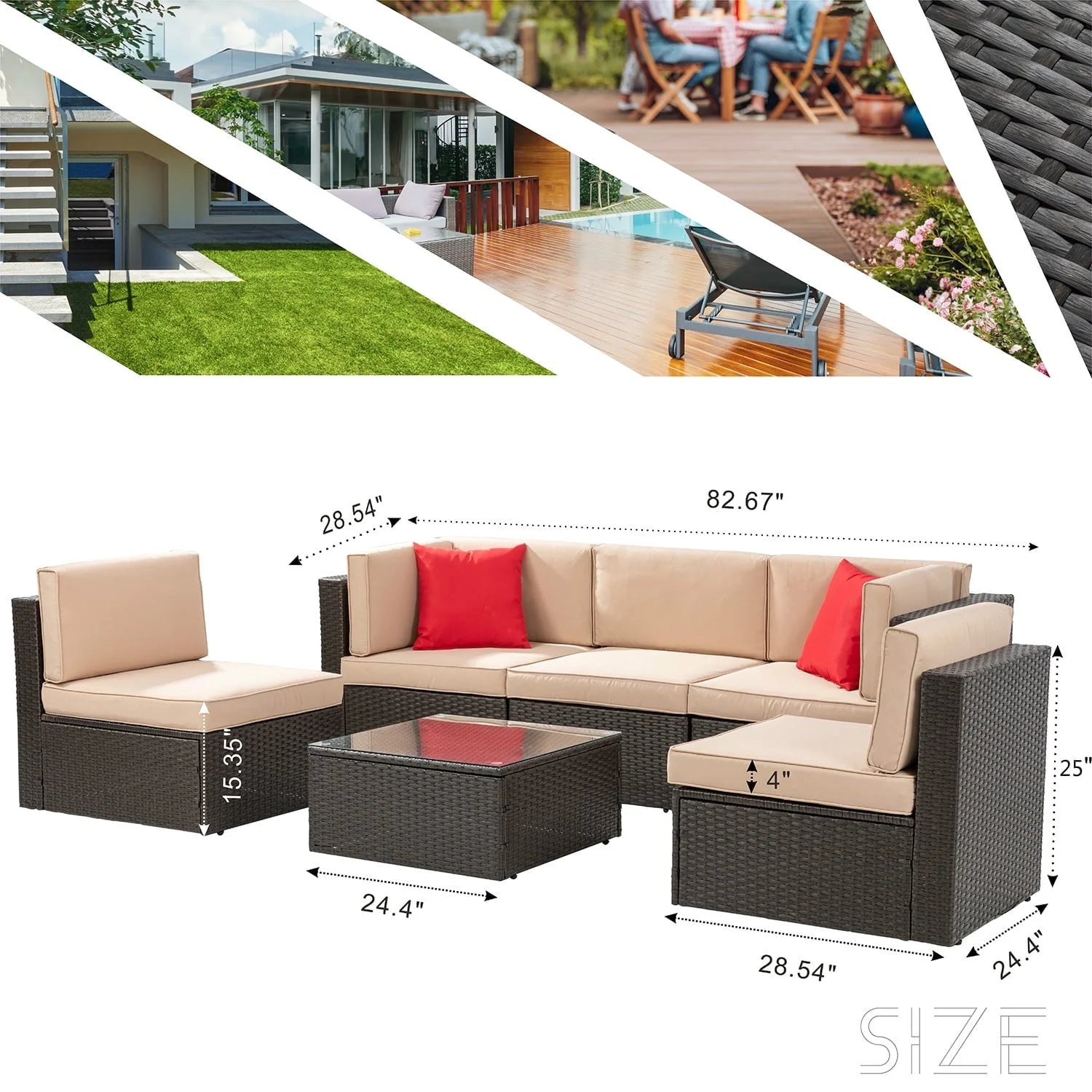 Sobaniilo 6 Pieces Patio Furniture Sets, All Weather PE Wicker Outdoor Conversation Set with Glass Table (Beige)