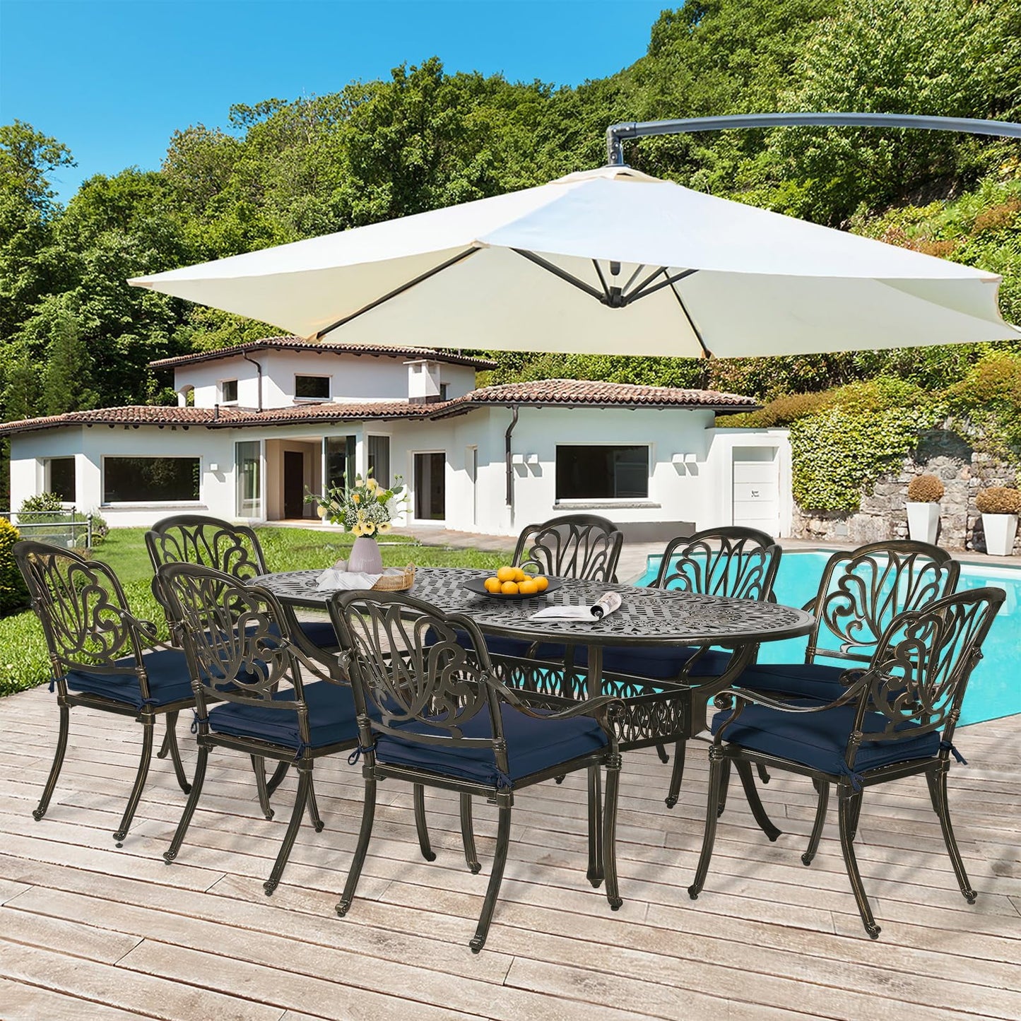 9-Piece Patio Dining Set, Outdoor Patio Table and Chair Set of 84? Oval Cast Aluminum Dining Table with Umbrella Hole and 8 Outdoor Dining Cushion Chairs, Patio Funiture Set for Garden, Navy